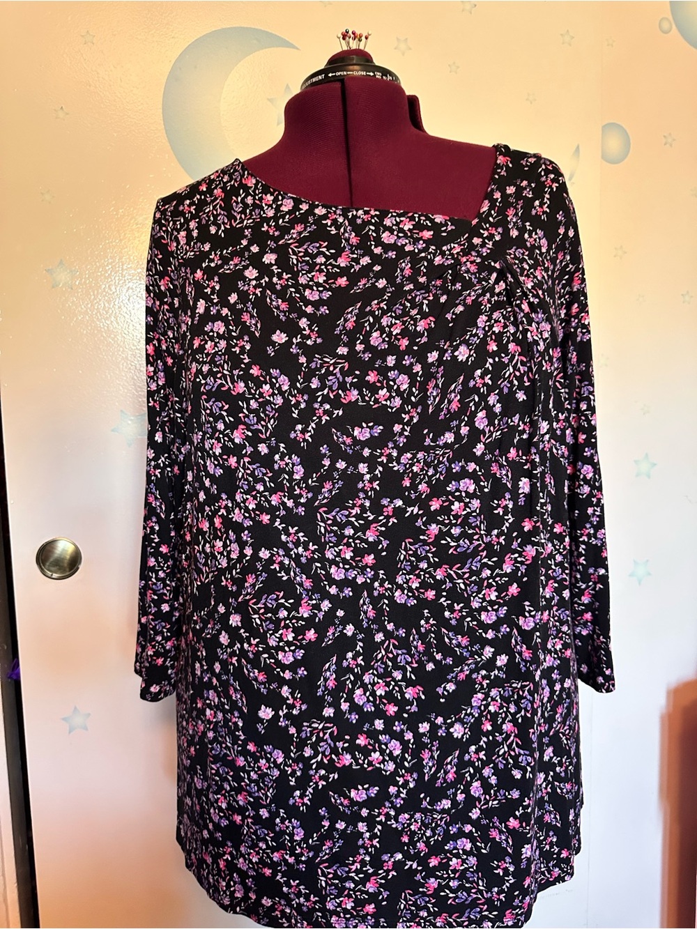 Lane Bryant Black Floral Tunic Top with Pink & Purple Blossoms
